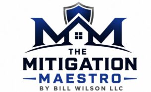 The Mitigation Maestro by Bill Wilson Blue Logo with two capital M's that join over a house with a protection shield in the background.
